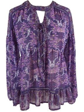 Purple Floral Lace Up Long Sleeve Blouse with Ruffle Hem